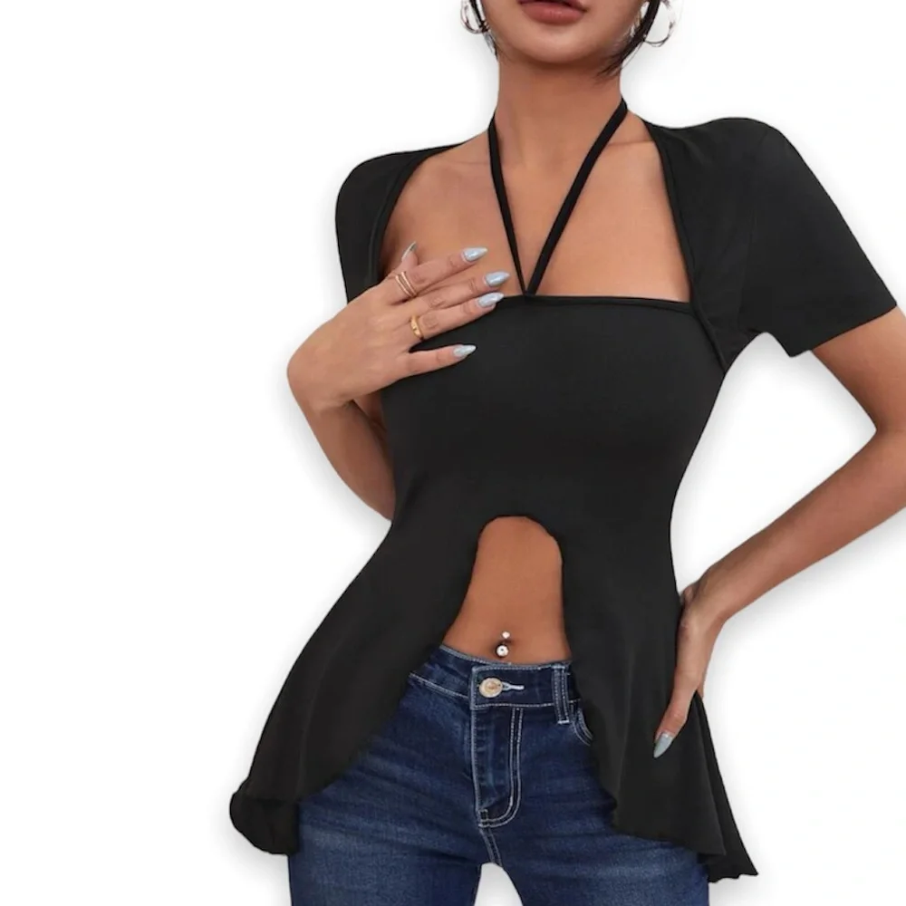 New Sexy Black Plain Asymmetrical Hem Tie Back Halter Short Sleeve Top - Picture 1 of 13